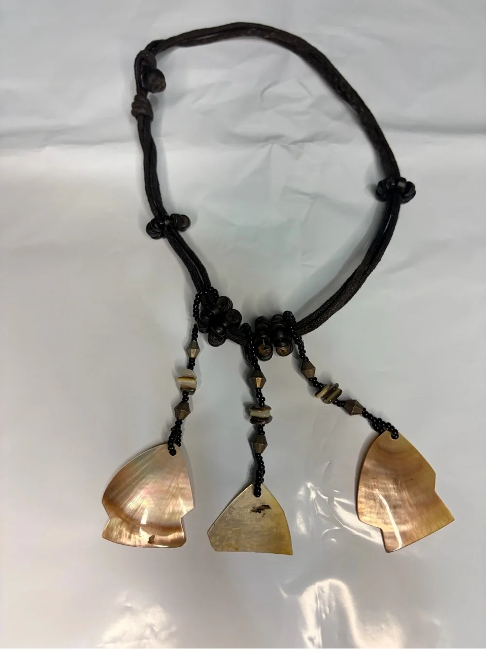 Bohemian Brown Shell Pendant Necklace with Three Charms
